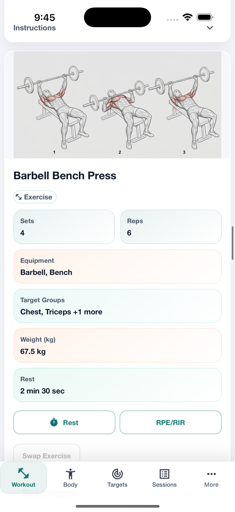 Barbell Bench Press exercise detail with exercise image, sets, reps, equipment, target groups, weight, and rest.