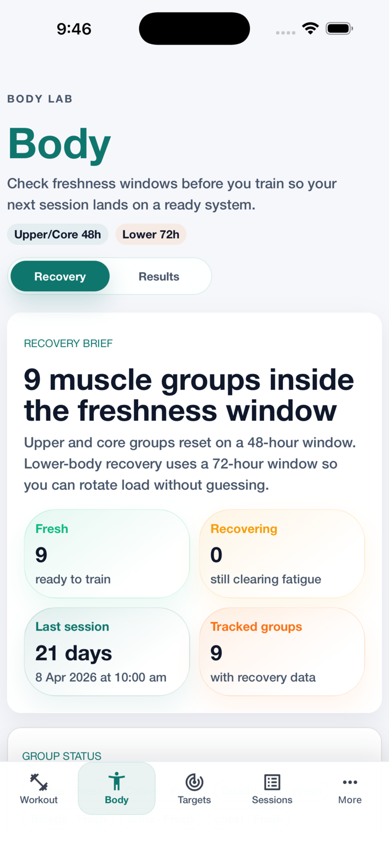Body Lab recovery view showing muscle group freshness and recovery timing.