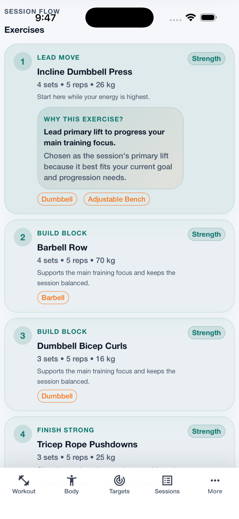Exercise flow screen listing Incline Dumbbell Press, Barbell Row, Dumbbell Bicep Curls, and Tricep Rope Pushdowns.