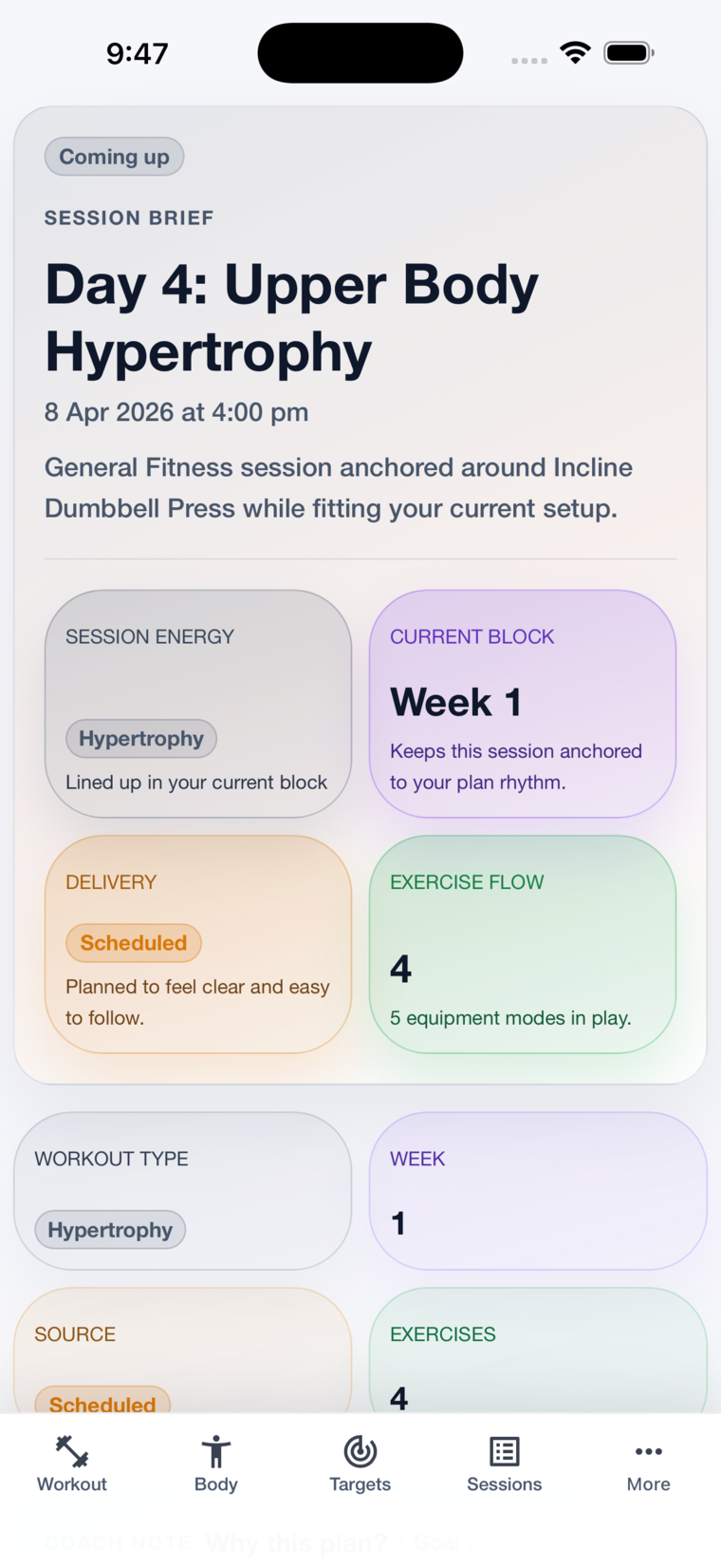 Simple Workout Planner session brief showing an upper body hypertrophy workout and planned exercise flow.