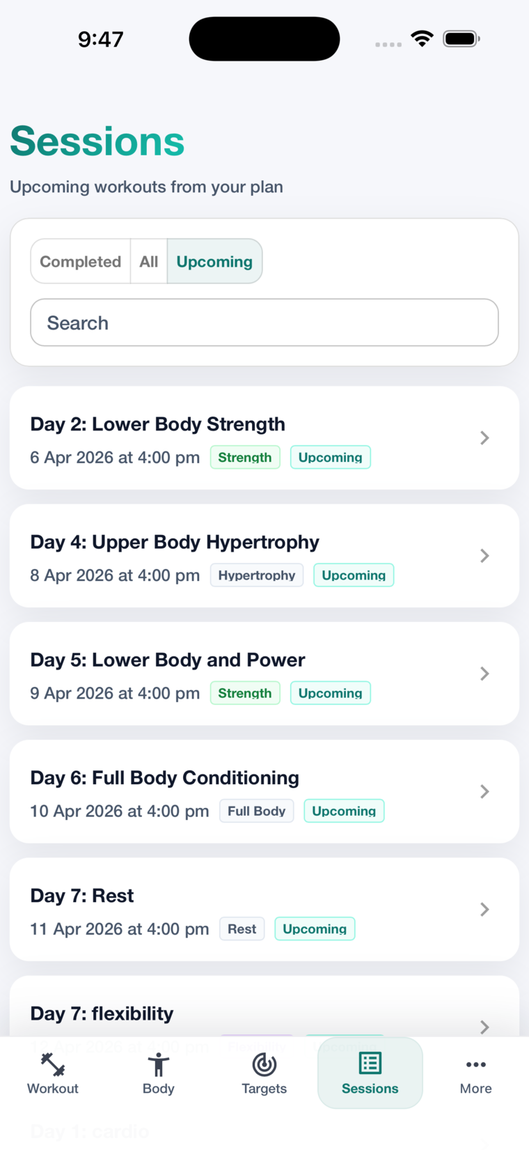 Sessions screen showing upcoming workouts from the plan.