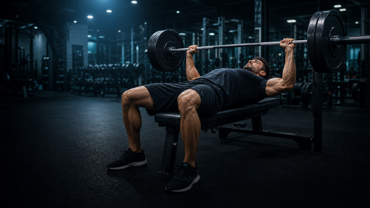 Athlete performing a barbell bench press on a flat bench in a dark gym, viewed from near his legs.